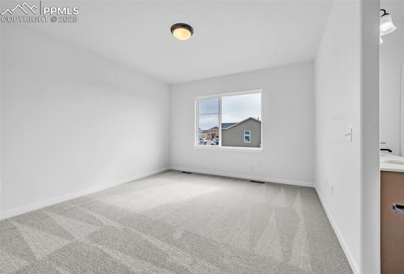 Carpeted empty room featuring a sink, baseboards, and visible vents