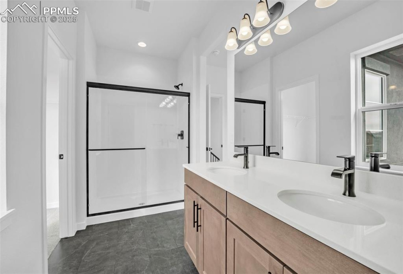 Full bath featuring visible vents, a sink, and a stall shower