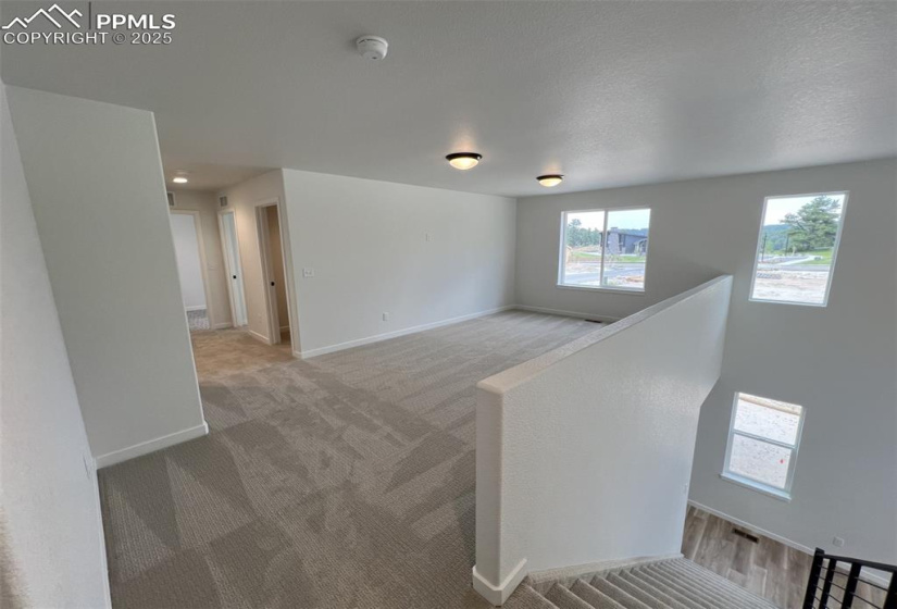 Loft featuring plenty of natural light and light colored carpet